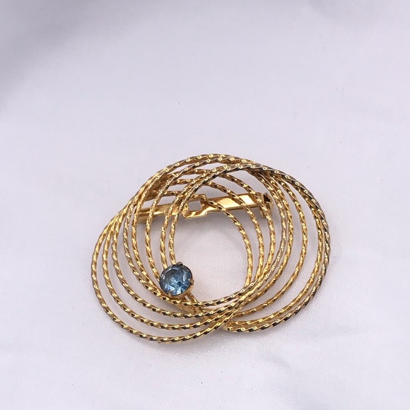 Gold-tone Circular Brooch with Blue Rhinestone - Picture 4 of 5